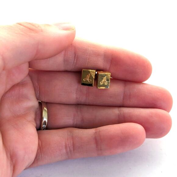Vintage Dainty Delicate Rectangle "A" Initial Textured Gold Tone Stud Earrings - Picture 3 of 4
